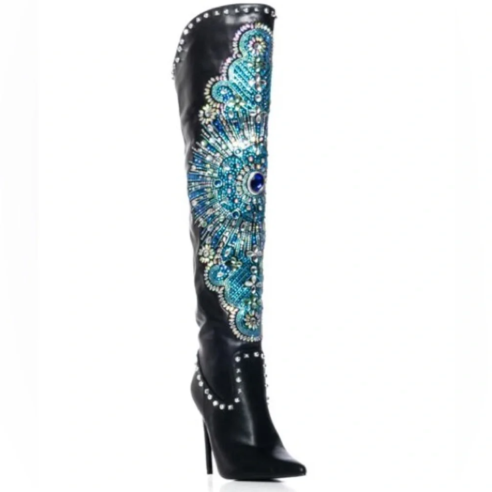 AZALEA WANG Black Leather Embellished Thigh High Boots